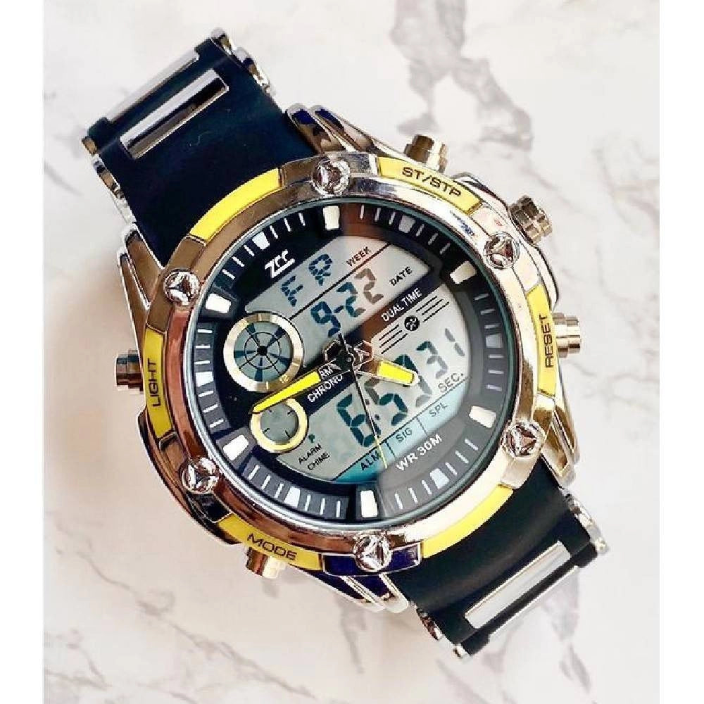 Trade Shop - Orologio Polso Zcc 1313 Uomo Quarzo Dual Time Multifunzione Giallo Nero Silver -