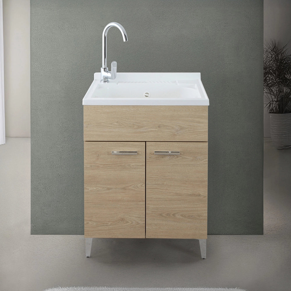 Mobile lavatoio 60x50 cm rovere con vasca in resina e asse lavapanni