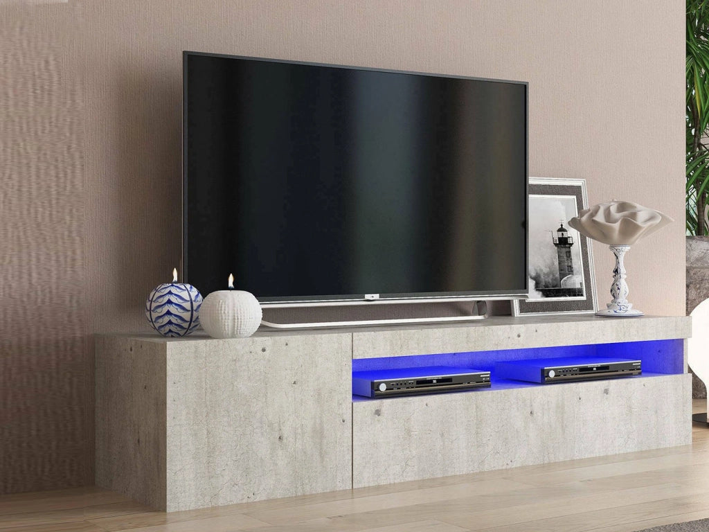 Mobile da soggiorno Porta Ardy, Made in Italy, Credenza per Ardy a 2 ante, Porta Ardy da salotto, cm 150x40h37, Cemento, con luce LED blu