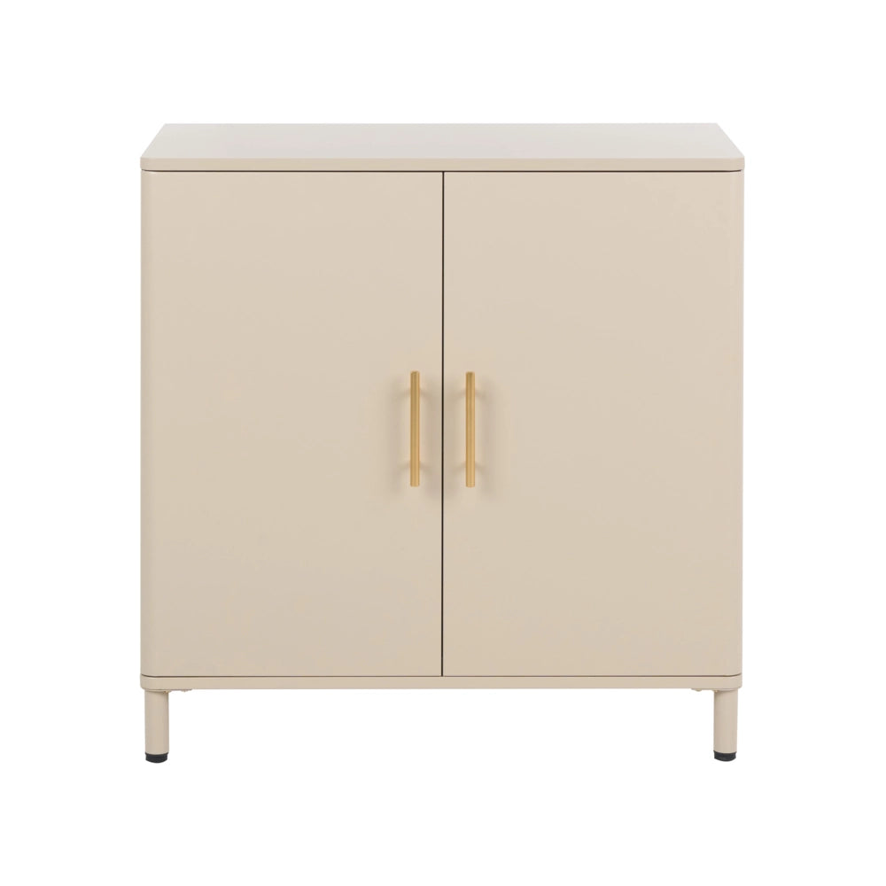 Credenza multimediale in acciaio a 2 ante, colore beige, con angoli arrotondati e maniglie dorate