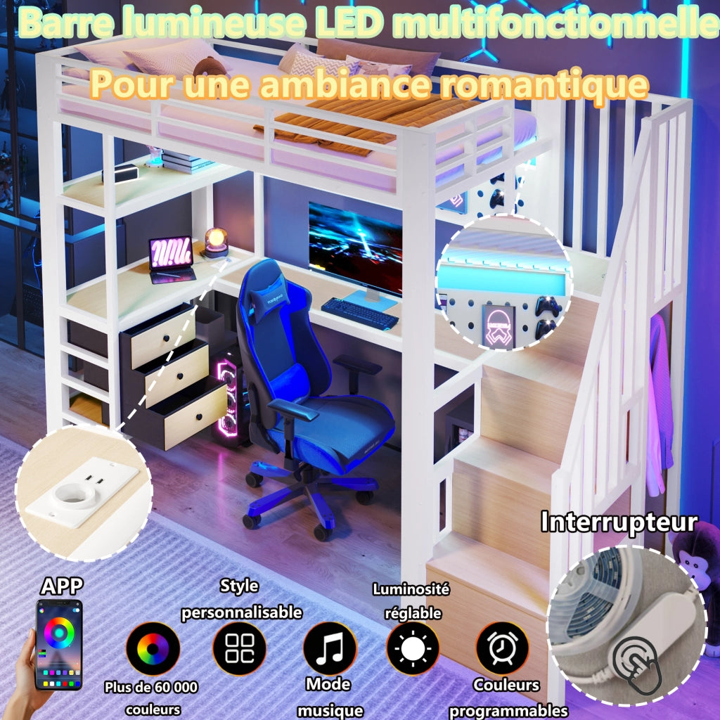Letto a soppalco in metallo con scrivania e LED, 90x200 cm, bianco