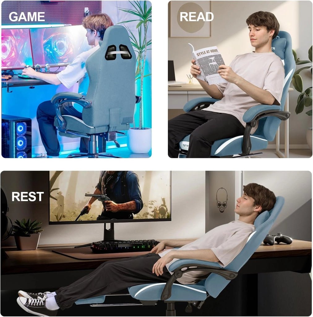 Sedia da gioco, sedia da ufficio traspirante in tessuto di alta qualità, sedia ergonomica PC, regolabile e girevole con poggiapiedi, blu