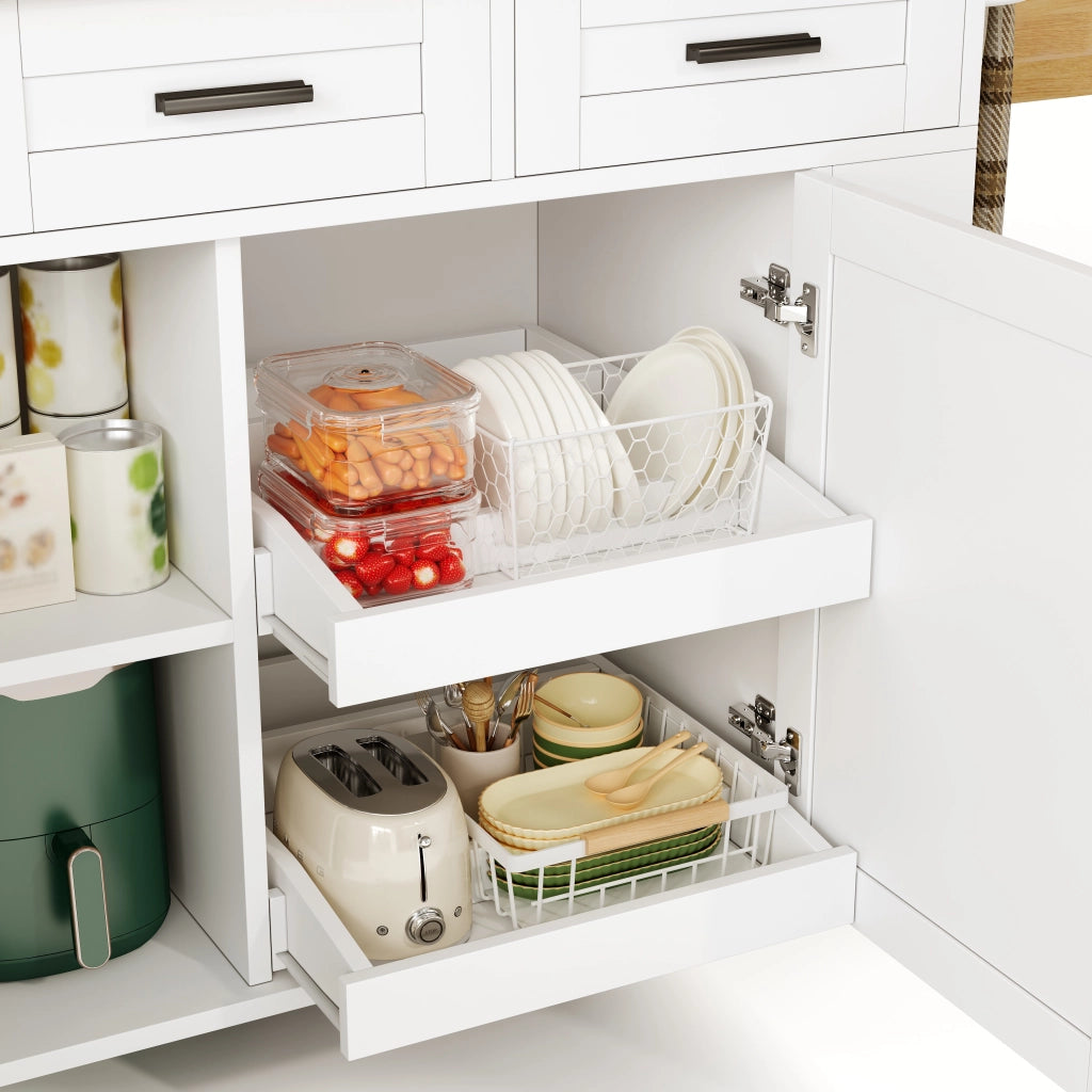 Carrello isola cucina pieghevole con piano estensibile, vani contenitore, 3 cassetti, prese e ruote 120 x 45(70) x 84 cm