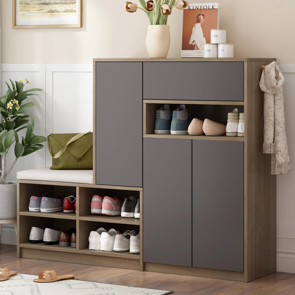 Mobile portascarpe con seduta imbottita; 4 ripiani regolabili e porte a pressione per ingresso; grigio; 140 × 35 × 110 cm