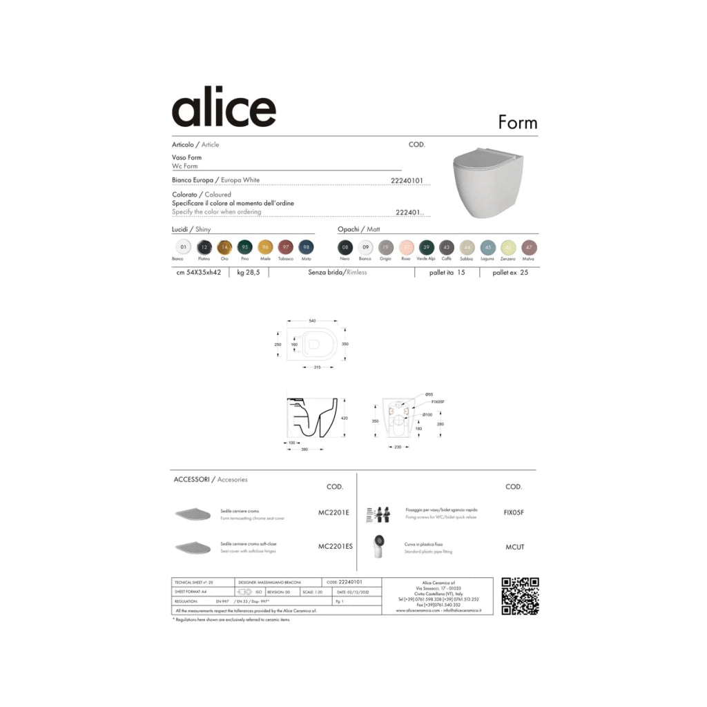 Coppia Di Sanitari Alice Ceramica Da Terra Filo Muro Senza Brida Bianco Opaco "Form"