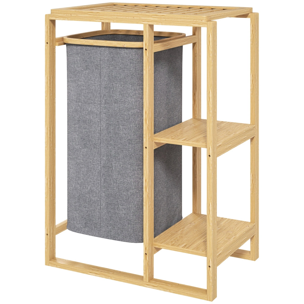 Cesto Portabiancheria con Borsa Estraibile e Ripiani a Doghe in Bamb¨´, 50x32x70 cm, Grigio