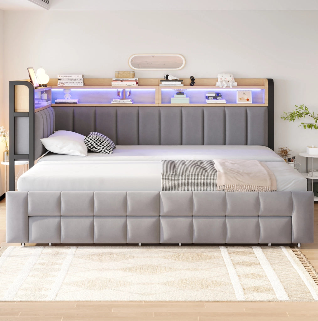 Divano letto imbottito 90x200 cm estensibile in velluto grigio chiaro con LED; USB e contenitore