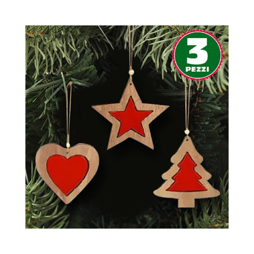 Trade Shop - 3 Appendini Natale In Legno Stella Albero Cuore Rosso Decorazioni Natalizie -