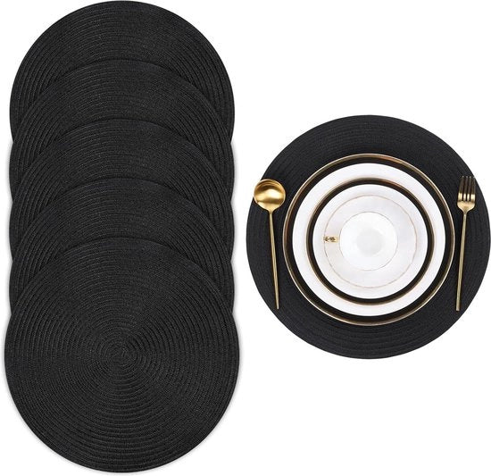 Set di tappeti rotondi per tavolo da 6 pezzi - isolamento termico - antiscivolo - intrecciato - tappeti per tavola da pranzo - lavabili - cucina - tappeti per tavola da pranzo - per hotel - matrimoni - feste - vacanze - nero.