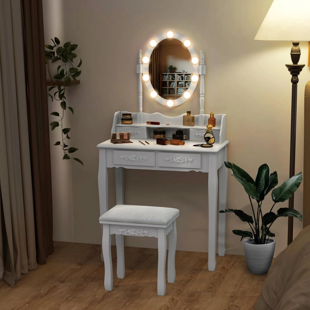 Toeletta da Trucco con 10 Luci LED, Set Tavolo da Trucco con 4 Cassetti e Sgabello, Specchio Girevole 360°, Consolle Toeletta per Soggiorno Camera da Letto, 75 x 40 x 145 cm (Bianco)
