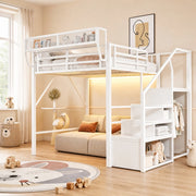 Letto a soppalco 140x200 cm in metallo e MDF con LED; scala di sicurezza; bianco