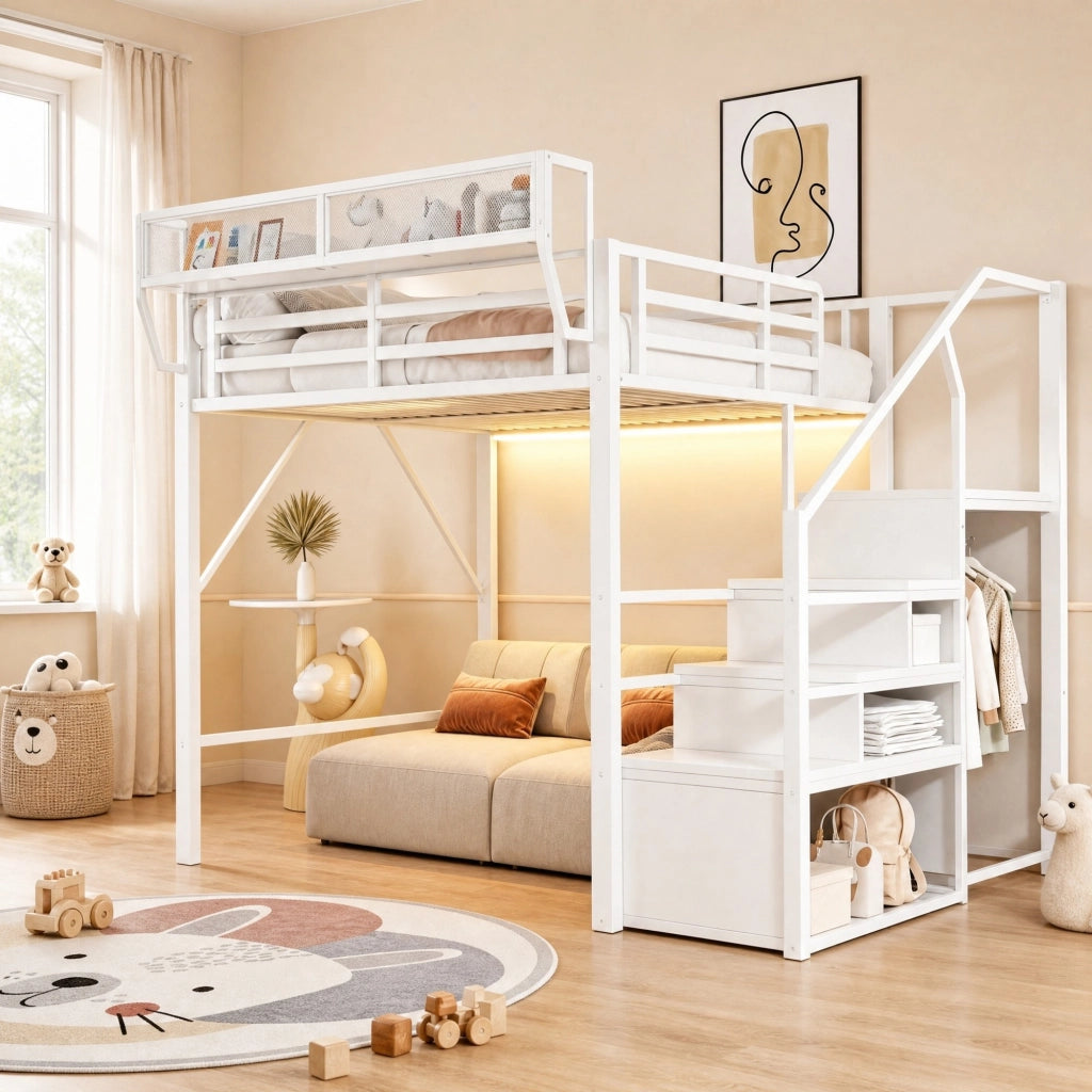 Letto a soppalco 140x200 cm in metallo e MDF con LED; scala di sicurezza; bianco
