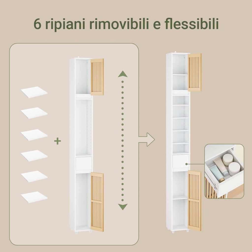 Mobile Bagno Salvaspazio Colonna Armadietto Alto con 6 Ripiani Regolabili, Colonna Bagno con Ante in Bambù, Mobile Alto e Stretto per Piccoli Spazi, Bianco, 20x20x180cm, BZR34-BW