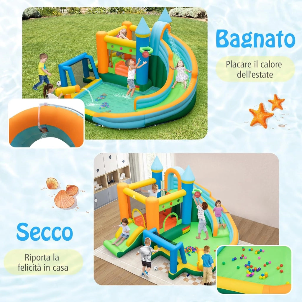Castello Gonfiabile per Bambini, Casa Gonfiabile con Doppio Scivolo, Parete da Arrampicata, Piscina, con Borsa di Trasporto e Kit di Riparazione, per 2 Bambini di 3-10 Anni