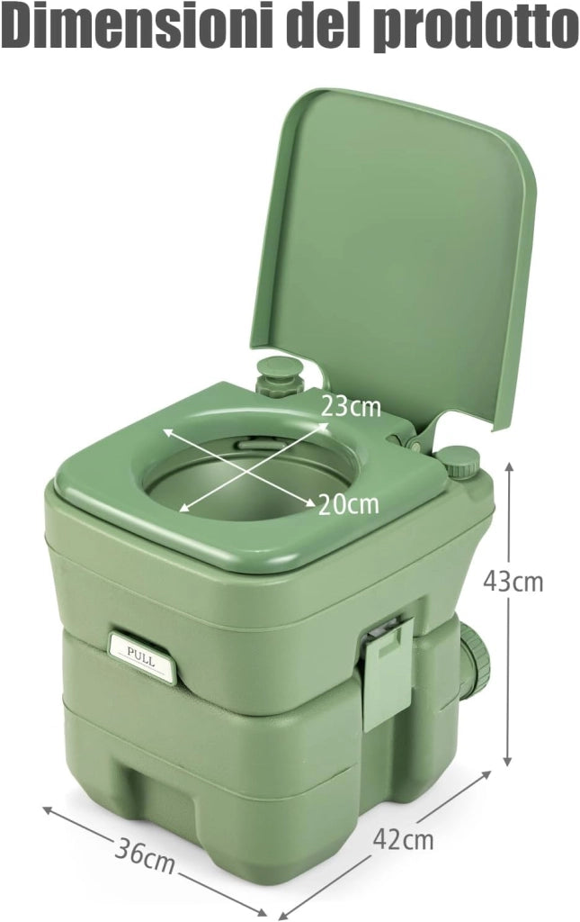 20L Toilette Portatile con Serbatoio d'Acqua Rimovibile a Maniglia,WC Chimico da Esterno per Campeggio, Water Portatile per Adulti e Anziani, Supporto Carico 150kg, 36 x 42 x 43 cm (Verde)