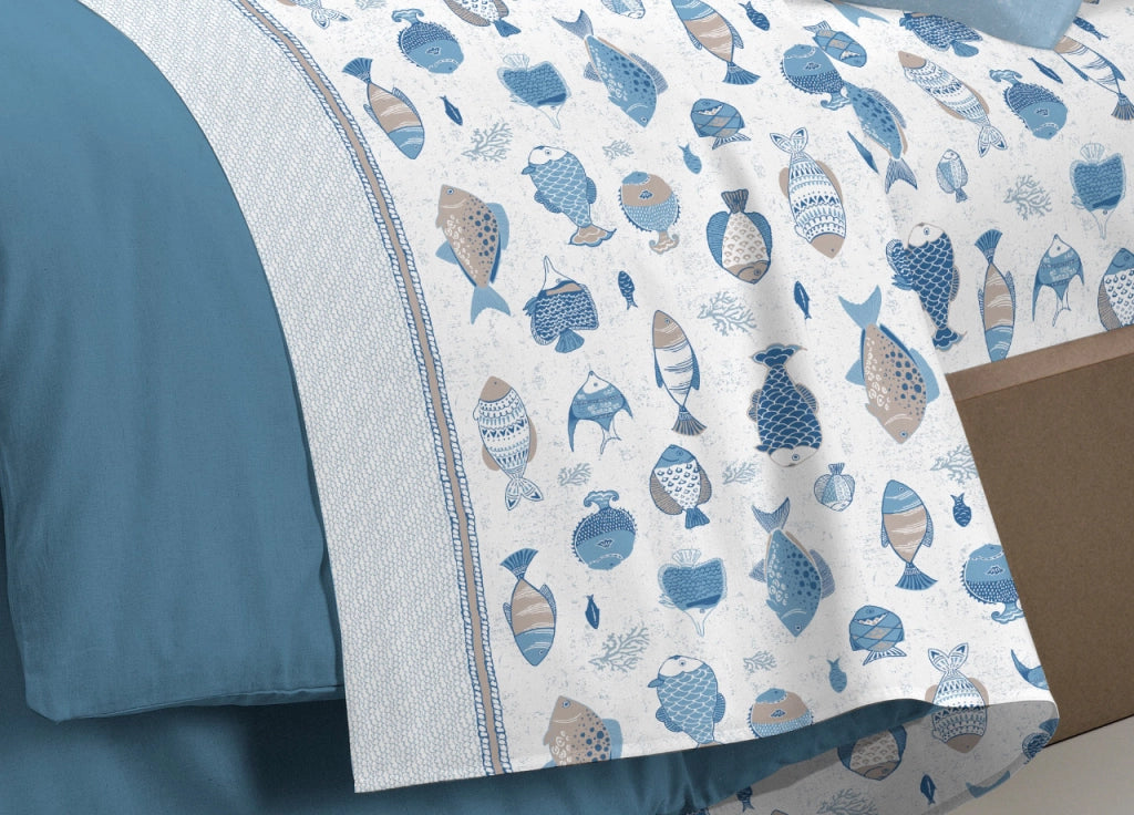 Completo Lenzuola Letto Pensieri Delicati 100% Cotone Disegno Oceano - Singolo - Bianco