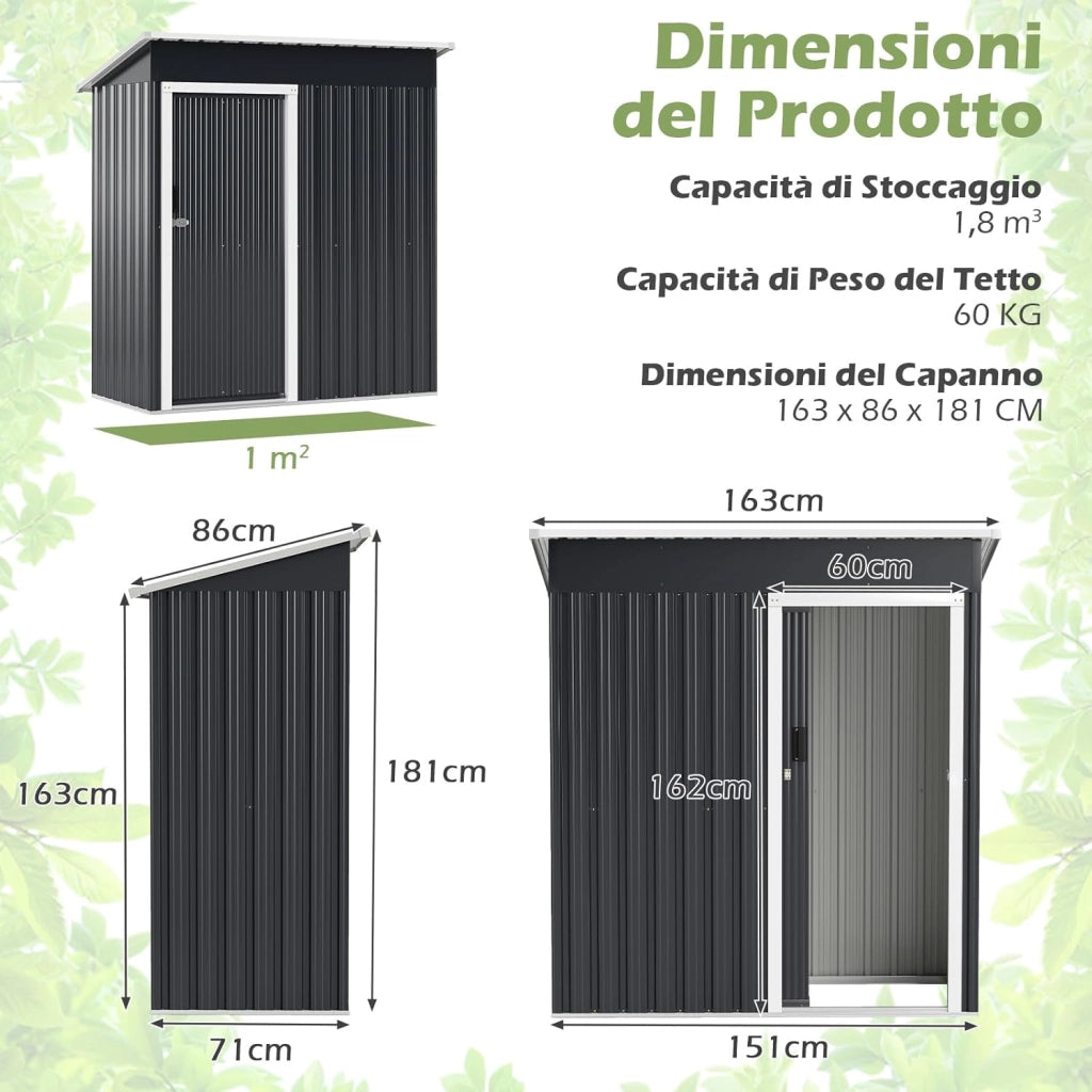 Capanno per Attrezzi da Giardino in Metallo, Casetta Porta Attrezzi in Acciaio con Porta Scorrevole Sistema di Blocco, Casetta per Stoccaggio per Prato e Cortile, 163 x 86 x 181 cm, Grigio