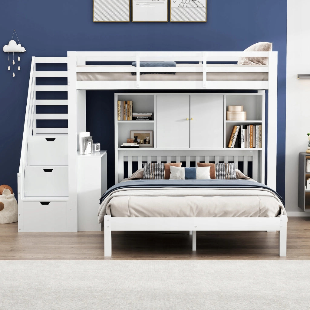 Letto a castello 90x200+140x200 - Xylo - Bianco, con mensola e ripostiglio