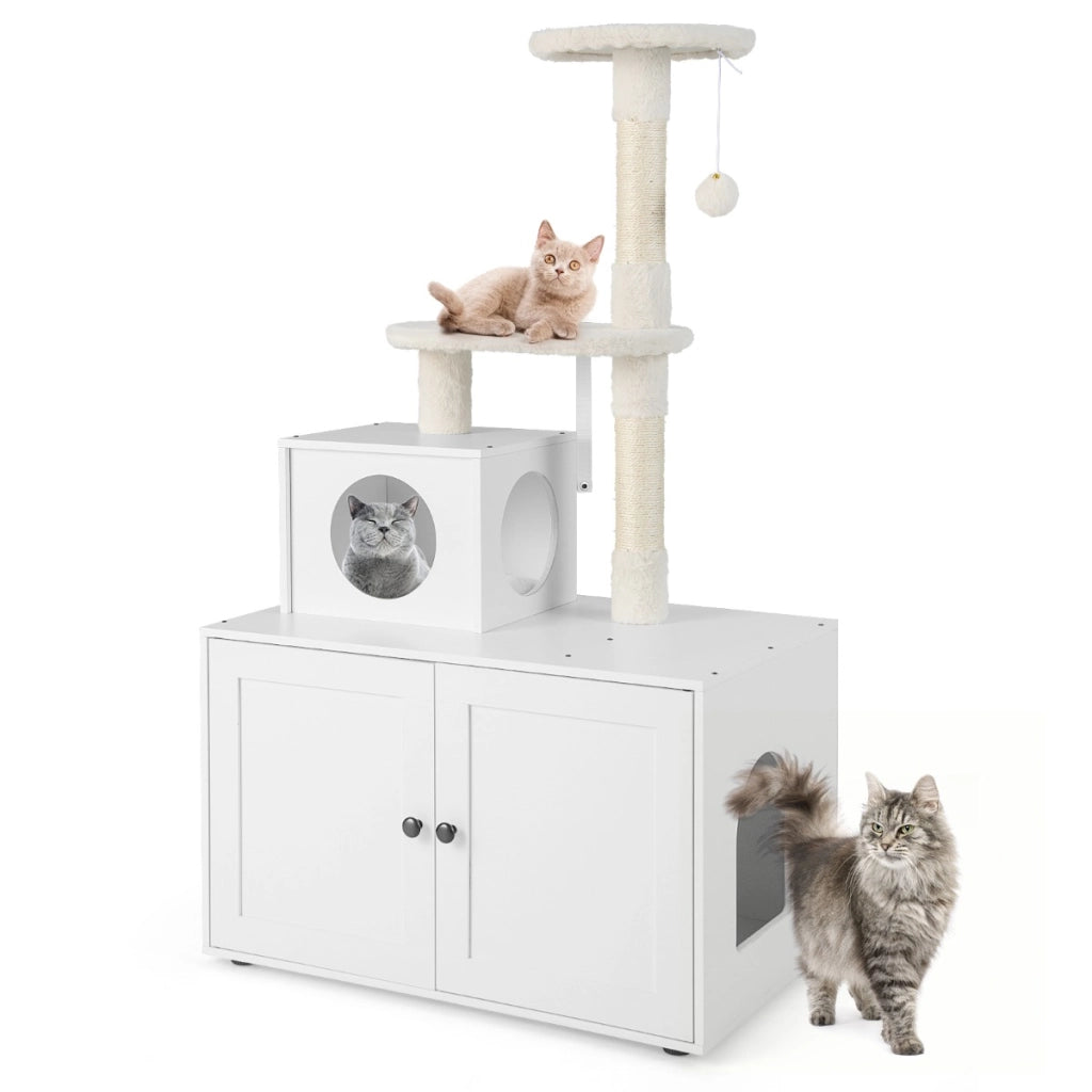 Casa per lettiera per gatti in legno con torre pallina tintinnante divisorio, Mobile per gatti da interno Bianco-Lettini e divanetti