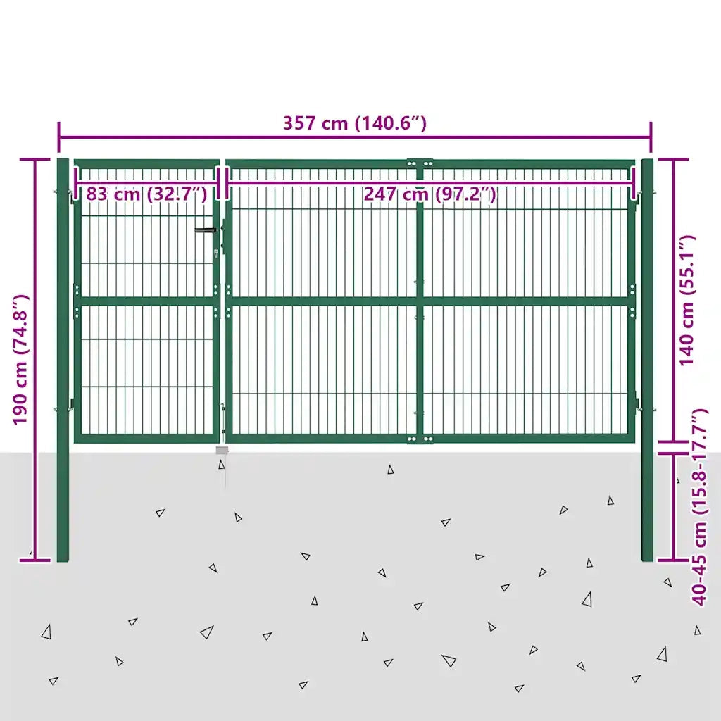 Cancello per Recinzione da Giardino con Pali 350x140 cm in Acciaio Verde 142571