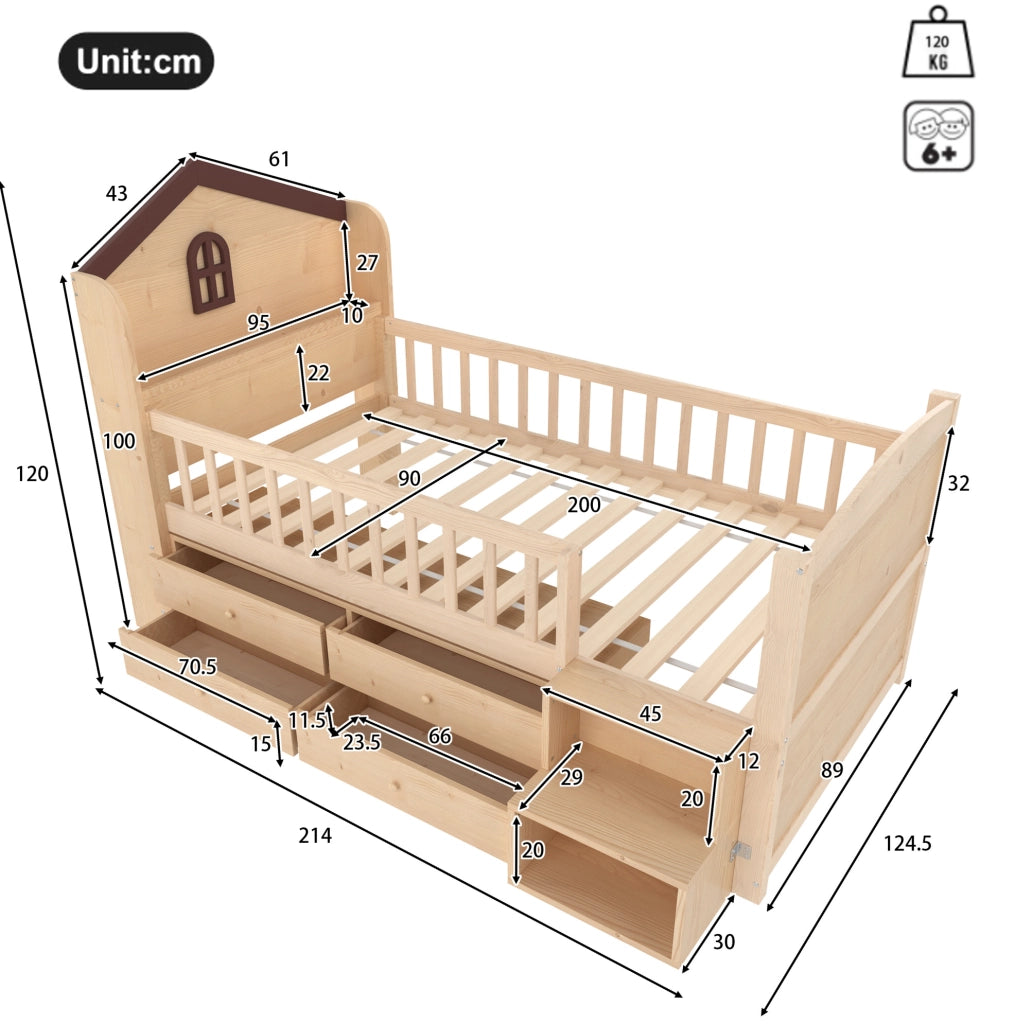 Letto semialto 90x200 cm con LED; scala e contenitori in pino naturale