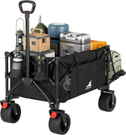Carrello da Giardino con Ripiano Posteriore Ribaltabile, 205 L, Portata 180 kg, Carrello Pieghevole con 4 Ruote Grandi, Borsa Laterale, 2 Tasche Interne e 2 Portabicchieri, per Campeggio, Nero