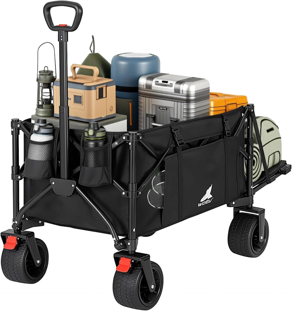 Carrello da Giardino con Ripiano Posteriore Ribaltabile, 205 L, Portata 180 kg, Carrello Pieghevole con 4 Ruote Grandi, Borsa Laterale, 2 Tasche Interne e 2 Portabicchieri, per Campeggio, Nero
