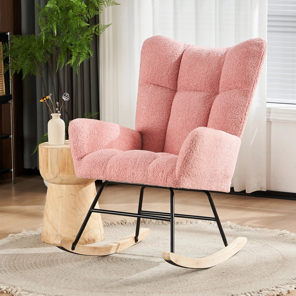 Sedia a dondolo moderna con schienale alto e braccioli - Zephmum- Rosa, comoda per soggiorno, camera da letto, cortile