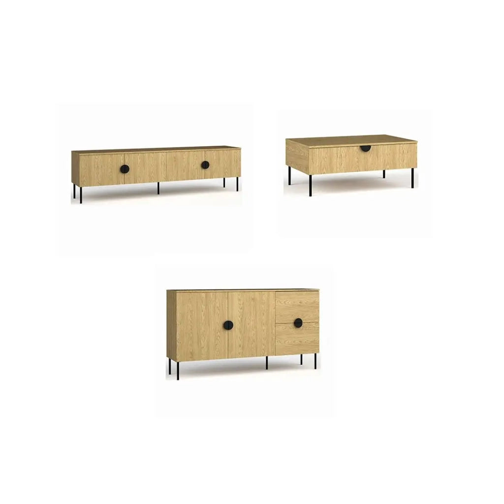 Set arredamento soggiorno: Mobile TV 200 cm, tavolino, credenza, rovere, collezione MONDO