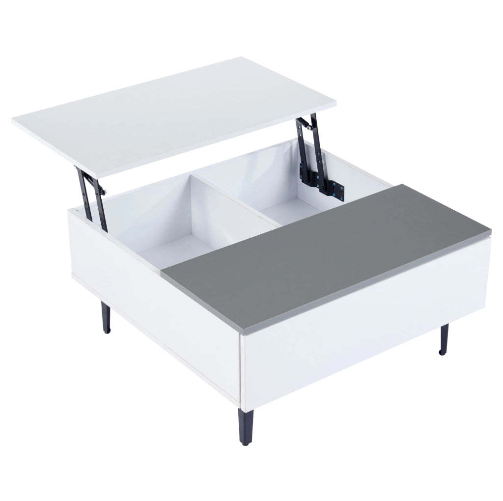 Tavolino 70x70x35 cm bianco e grigio, piano sollevabile con contenitore e LED, MDF,