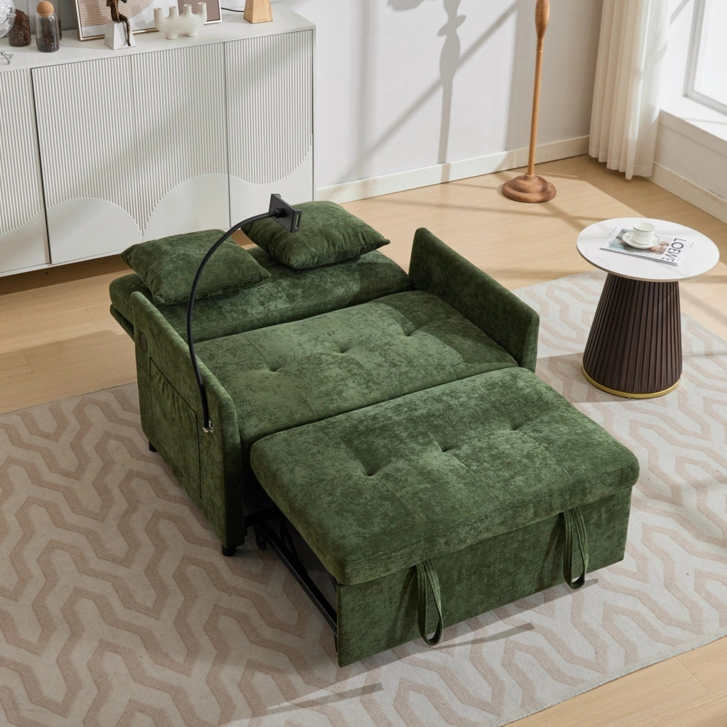 Divano letto 109x72x83，5 cm in tessuto verde， USB， supporto tablet