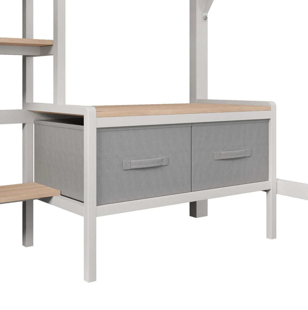 Letto a castello 140x200 cm in metallo e MDF con scrivania; LED; USB e contenitori; bianco