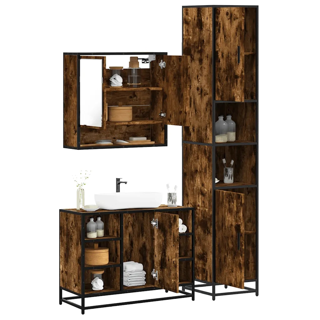 Set Mobili da Bagno 3 pz Rovere Fumo in Legno Multistrato
