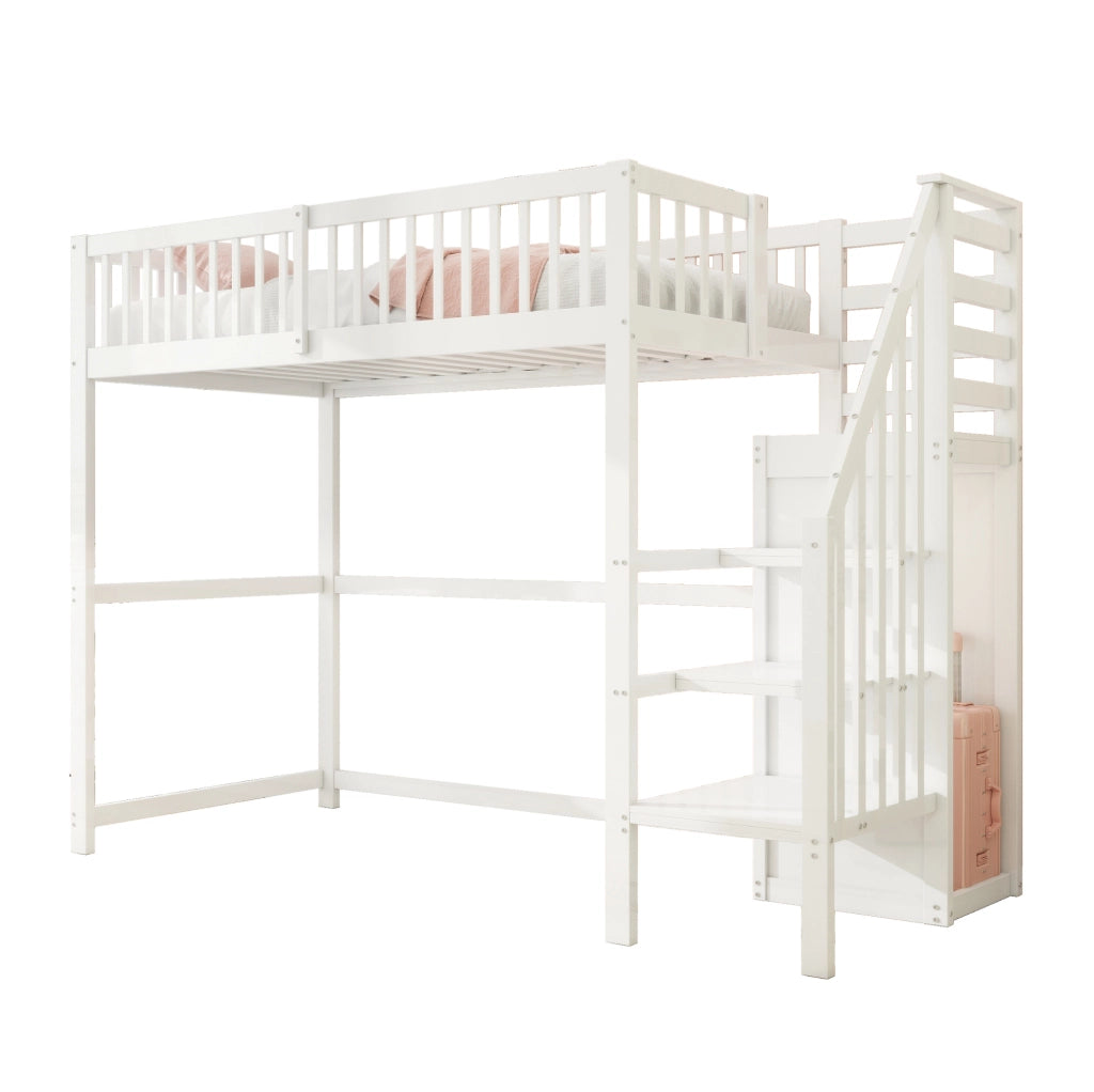 Letto soppalco bambini 90x200 bianco con scala e contenitori， senza materasso