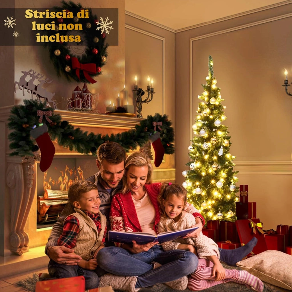 Albero di Natale 135/200/225 cm, Albero di Natale Slim con 150/250/350 Luci a LED Calde, 226/708/1085 Rami Folti e Base di Metallo, Ideale per Casa, Ufficio e Negozio (200 cm)