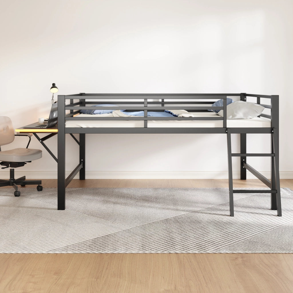 Letto a soppalco 140 × 200 cm con scrivania pieghevole, LED e sbarre di sicurezza, senza materasso, metallo, nero