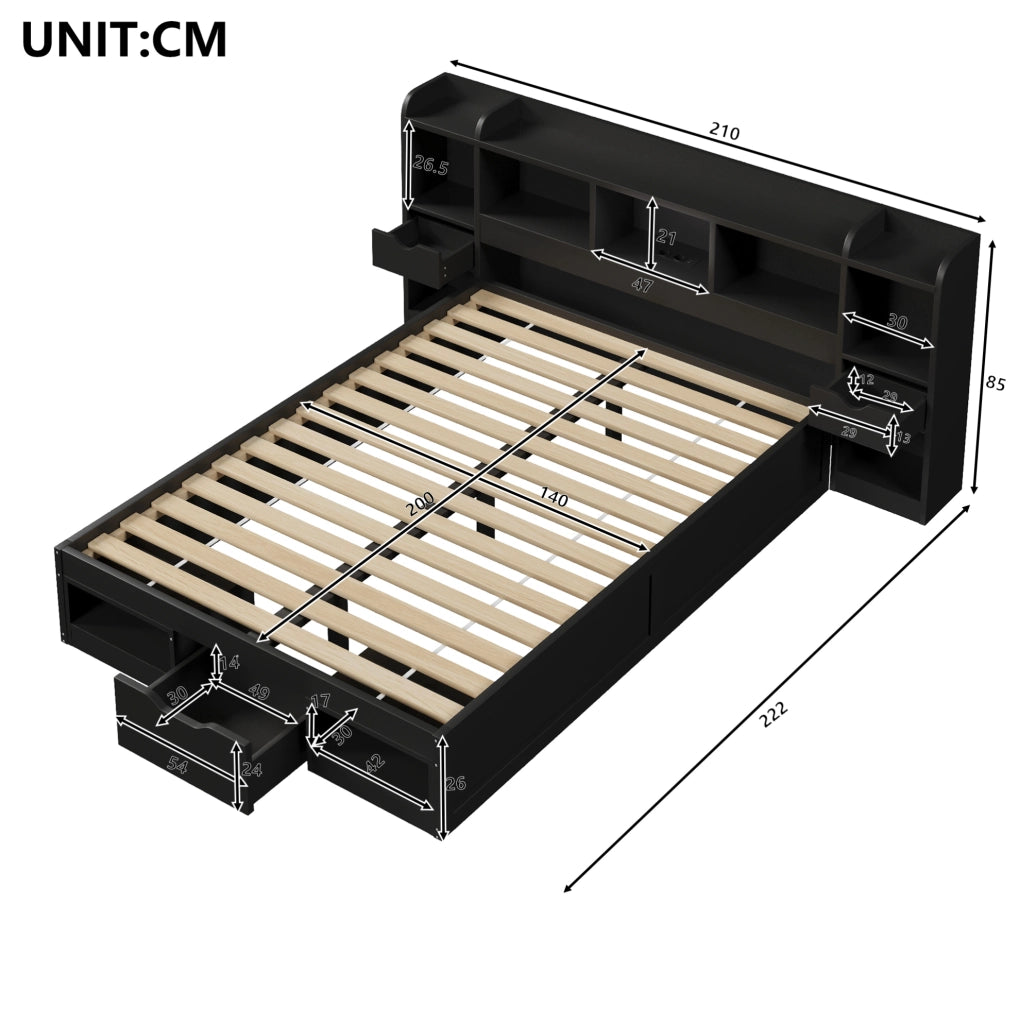 Letto a piattaforma nero 140x200 cm con testiera e pediera contenitore, 3 cassetti, LED e porta USB