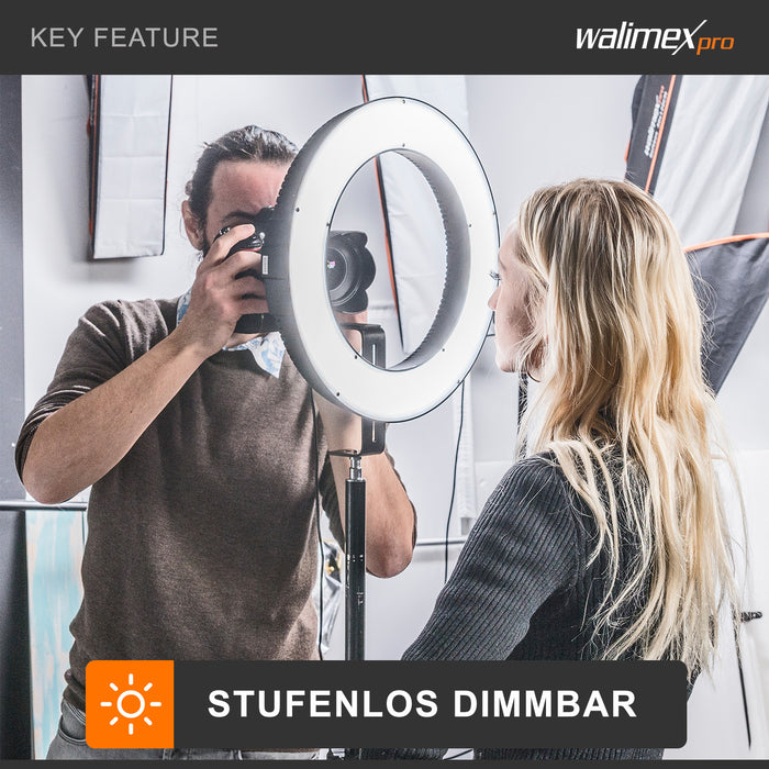 Ring light a LED 380 Bi-Color dimmerabile 23W, Luce ad anello con settori commutabili per foto e video, incl. accessori