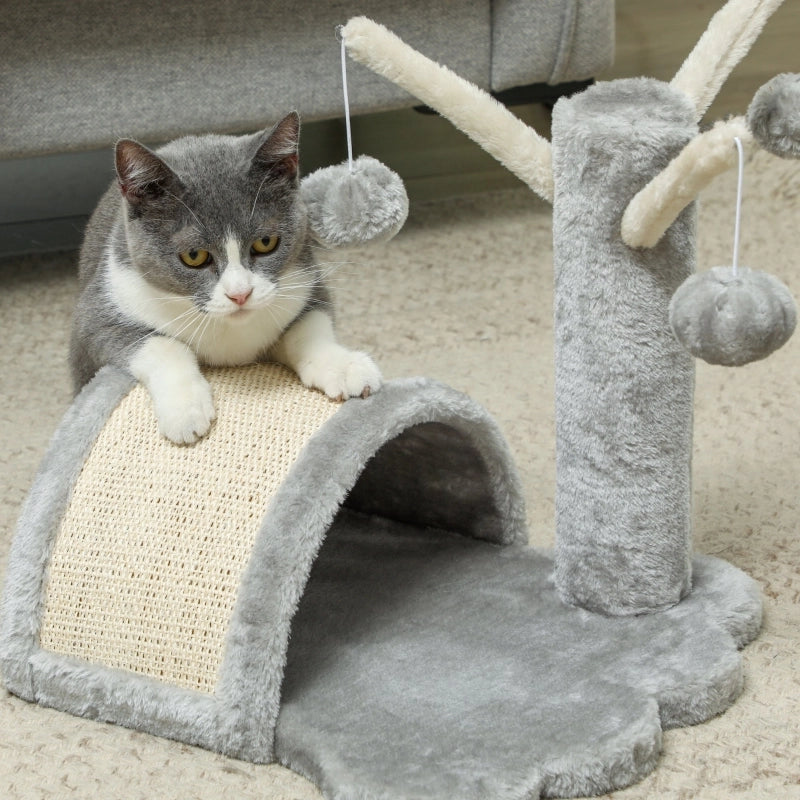 Tiragraffi per gatti con cuccia, piattaforma a zampa e 2 palline, 40 cm, grigio chiaro