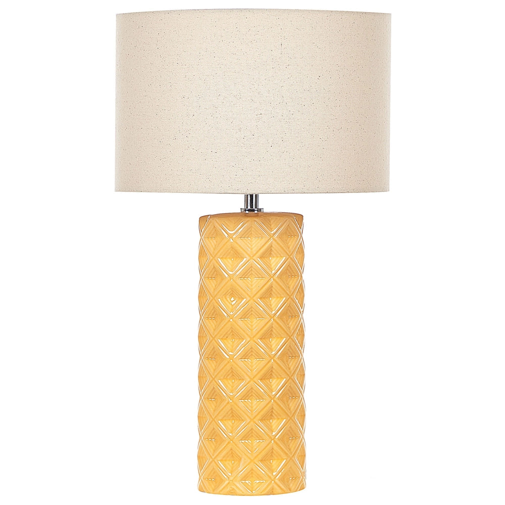 Lampada da Tavolo in Ceramica Gialla 49 cm Motivo Geometrico Beige Paralume Tamburo Comodino Soggiorno Camera da Letto Illuminazione