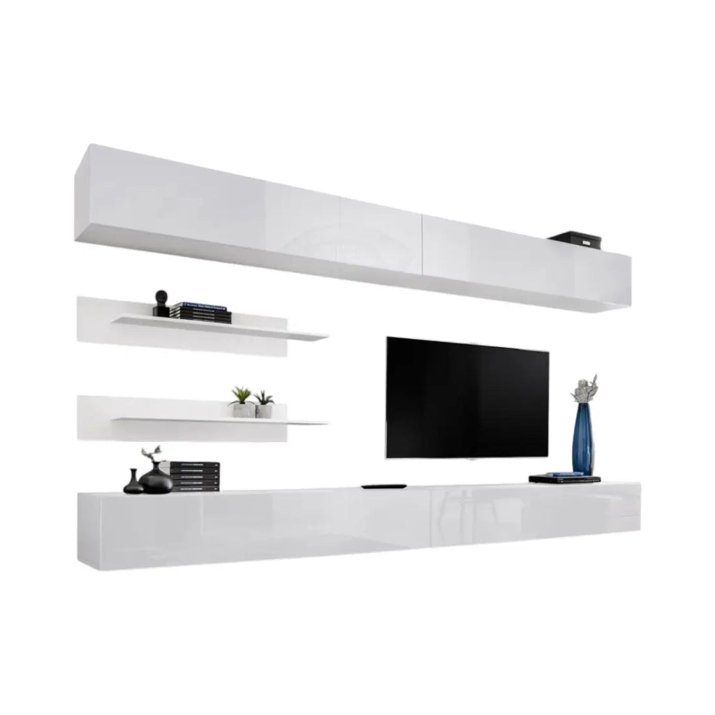 Set di mobili sospesi FLY. Colori bianco opaco e bianco lucido.