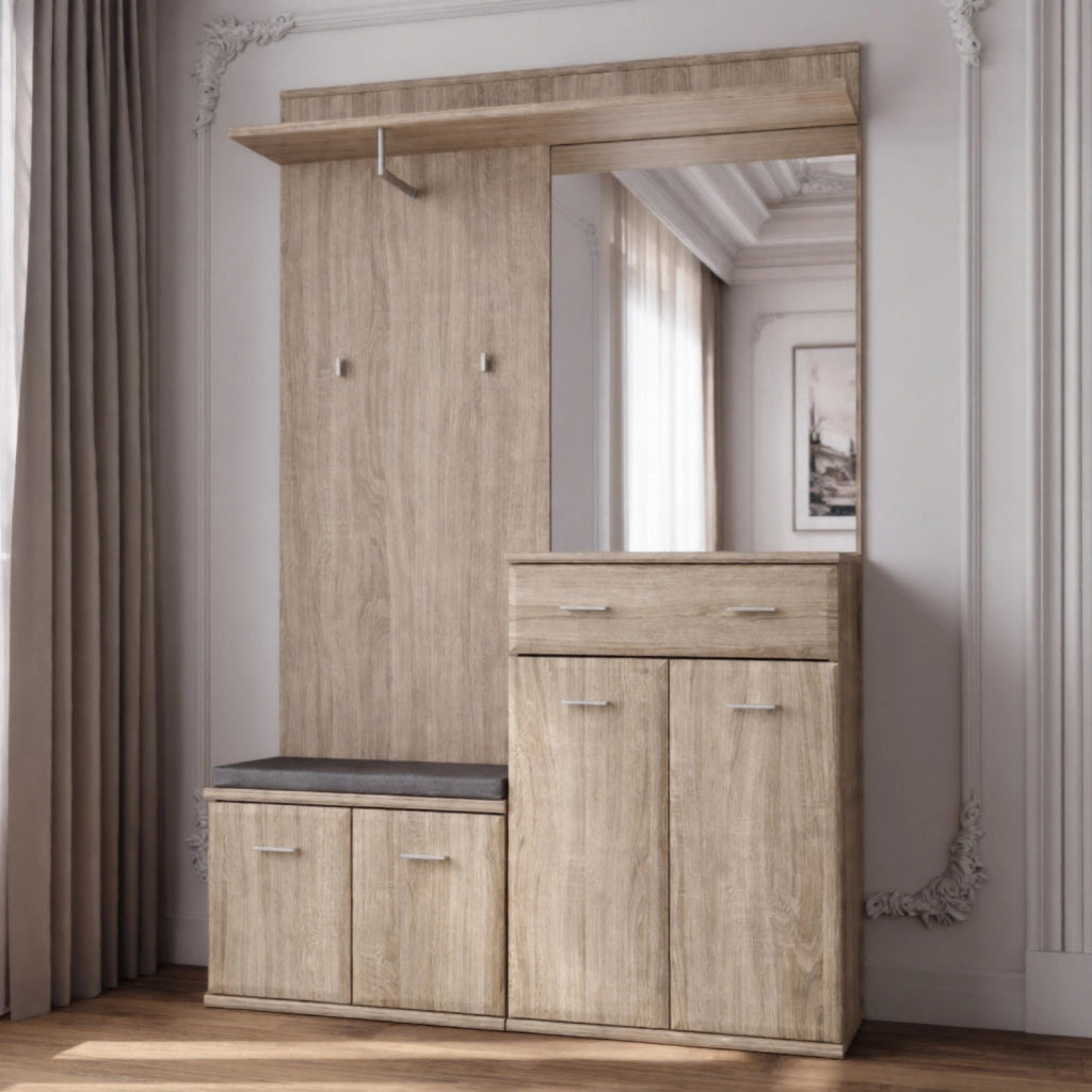Set Ingresso Con Panca Portascarpe Appendiabiti Mobile Entrata Specchio Mobiletto Contenitore Multifunzione Salvaspazio Corridoio Casa Design Moderno 120 x 32 x 203 Cm Rovere