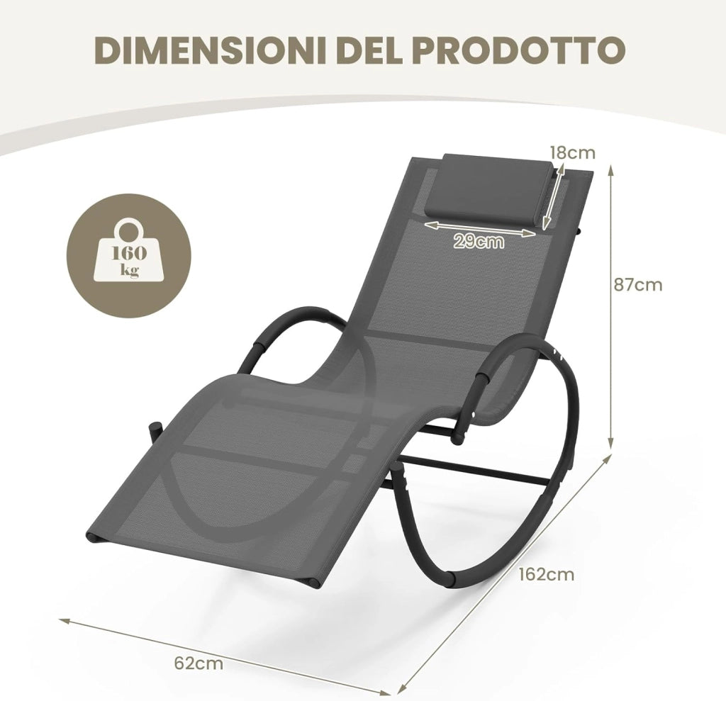 Sdraio a Dondolo da Giardino, Sedia a Dondolo Gravità Zero con Poggiatesta Rimovibile, Braccioli, Schienale e Seduta Traspiranti, Sdraio Solare per Patio, Giardino, Portata 160 kg (Grigio)