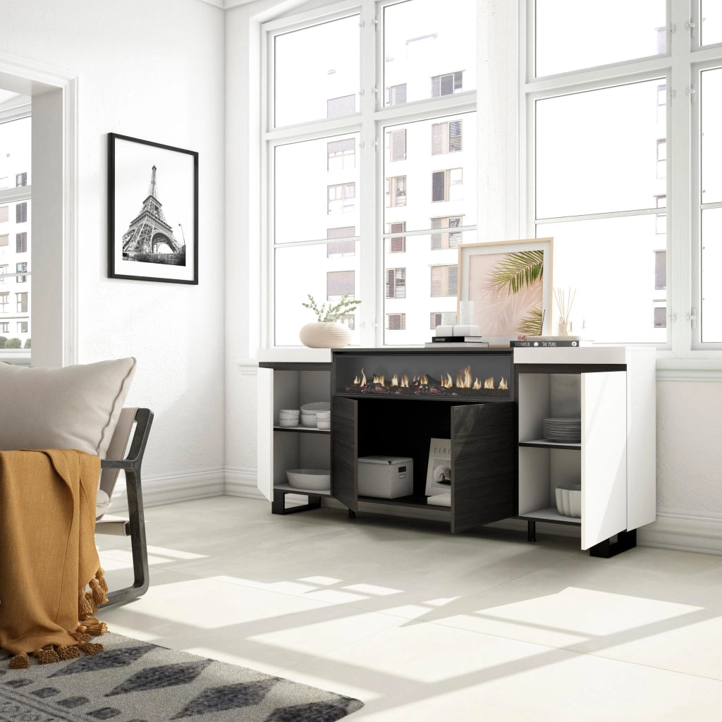 Credenza, Mobile, 200x35x87cm, 4 Porte, Camino elettrico, Design industriale, Bianco e nero RF2299