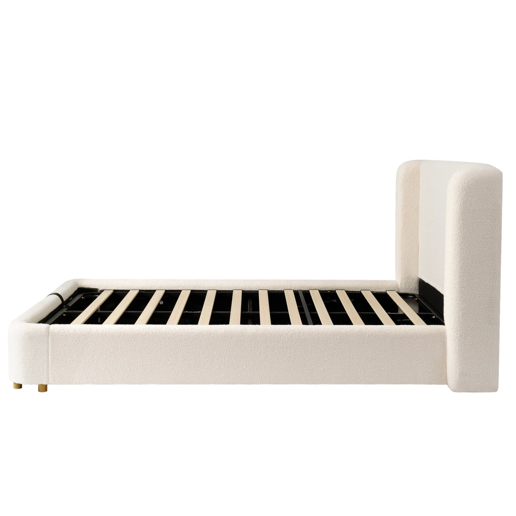 Letto matrimoniale imbottito con rete a doghe, contenitore idraulico e testiera in bouclé beige 180 x 200