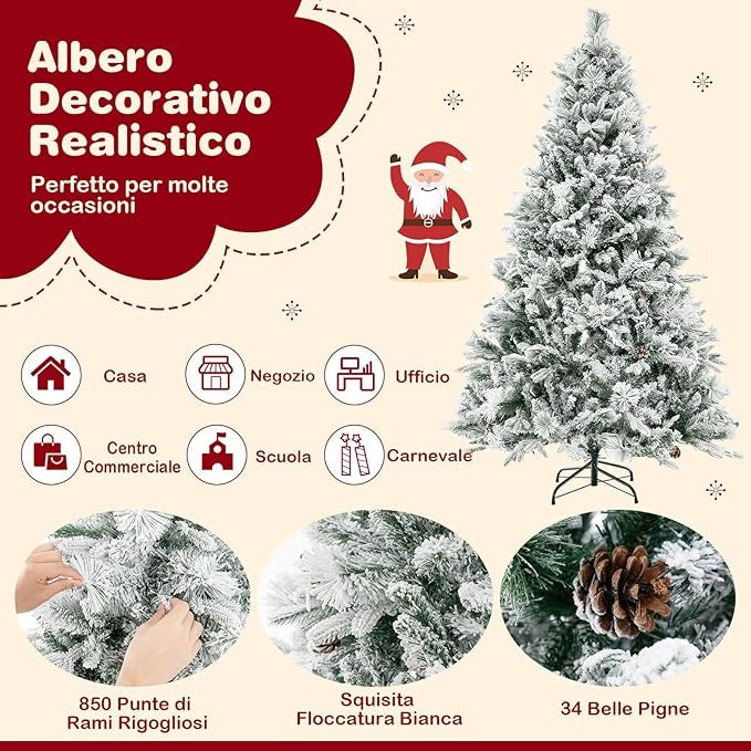 Albero di Natale Innevato 136/180 cm, Albero di Natale con 160/240 Luci LED, 472/850 Rametti di PE PVC, 26/34 Pigne, Aghi di Pino e 8 Modalità di Illuminazione (180 cm)