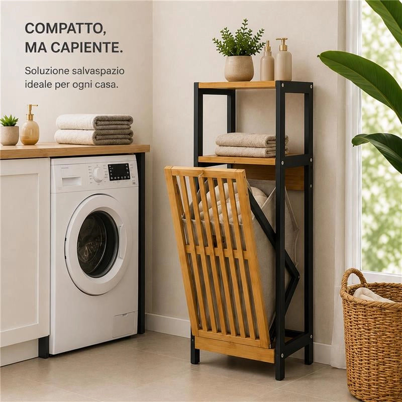 MOBILE DA BAGNO IN LEGNO CON ANTA, RIPIANO IN BAMBOO E PORTABIANCHERIA IN TESSUTO - COLORE NERO DIMENSIONI 36X33X98 CM