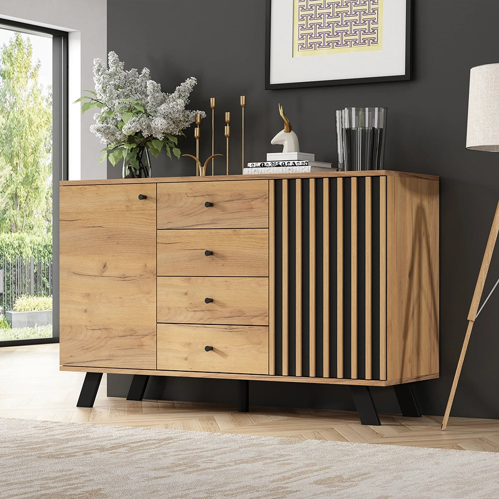 Credenza Soggiorno 120x38x75cm - Xylo - 4 Cassetti e 2 Ante, 5 Piedi Legno