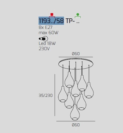SOSP. BIANCO 8 LUCI TONDA VETRI PICCOLI (2XAM+2XBR+2XFU+2XTR) 1193BI-S8 TP-MC