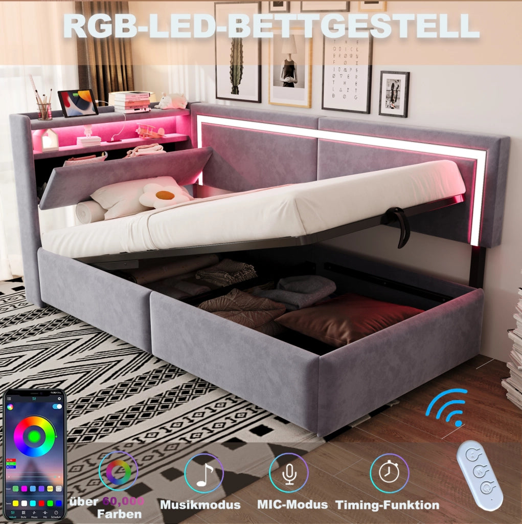 Divano letto 90x200 cm in velluto grigio chiaro con contenitore; LED e porte USB